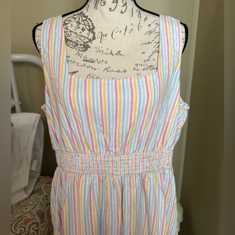 Crown & Ivy Pastel Rainbow Striped Sleeveless Midi Linen Dress